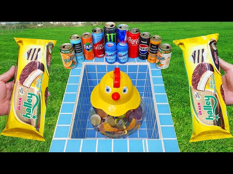 Pool Experiment Pepsi Cola of Fanta VS HALLEY, Jelly Candy vs Popular Sodas Coca Cola and Mentos