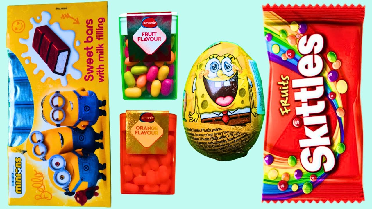 Skittles Candy Unpacking! Kinder Surprise Egg SpongeBob & Chocolate