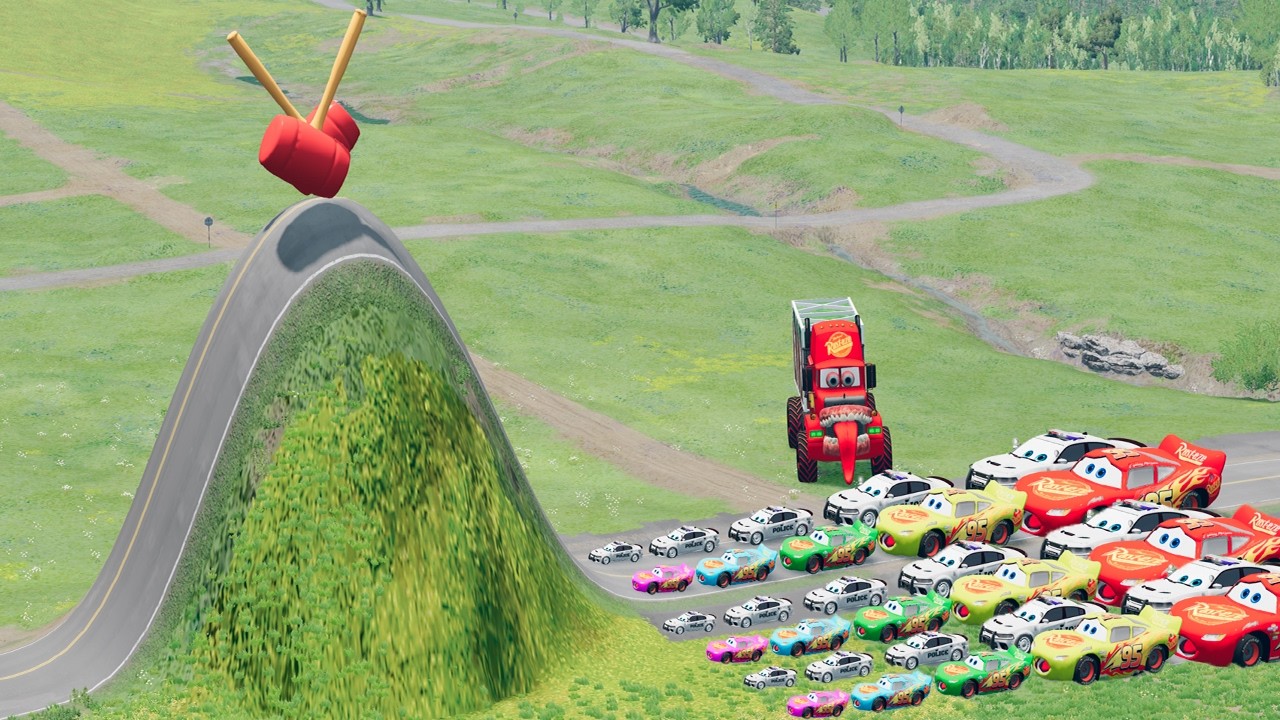 Big & Small McQueen & Police Car vs Zombie Mack, Giant Bulge & Hammer Downhill Race – BeamNG.drive