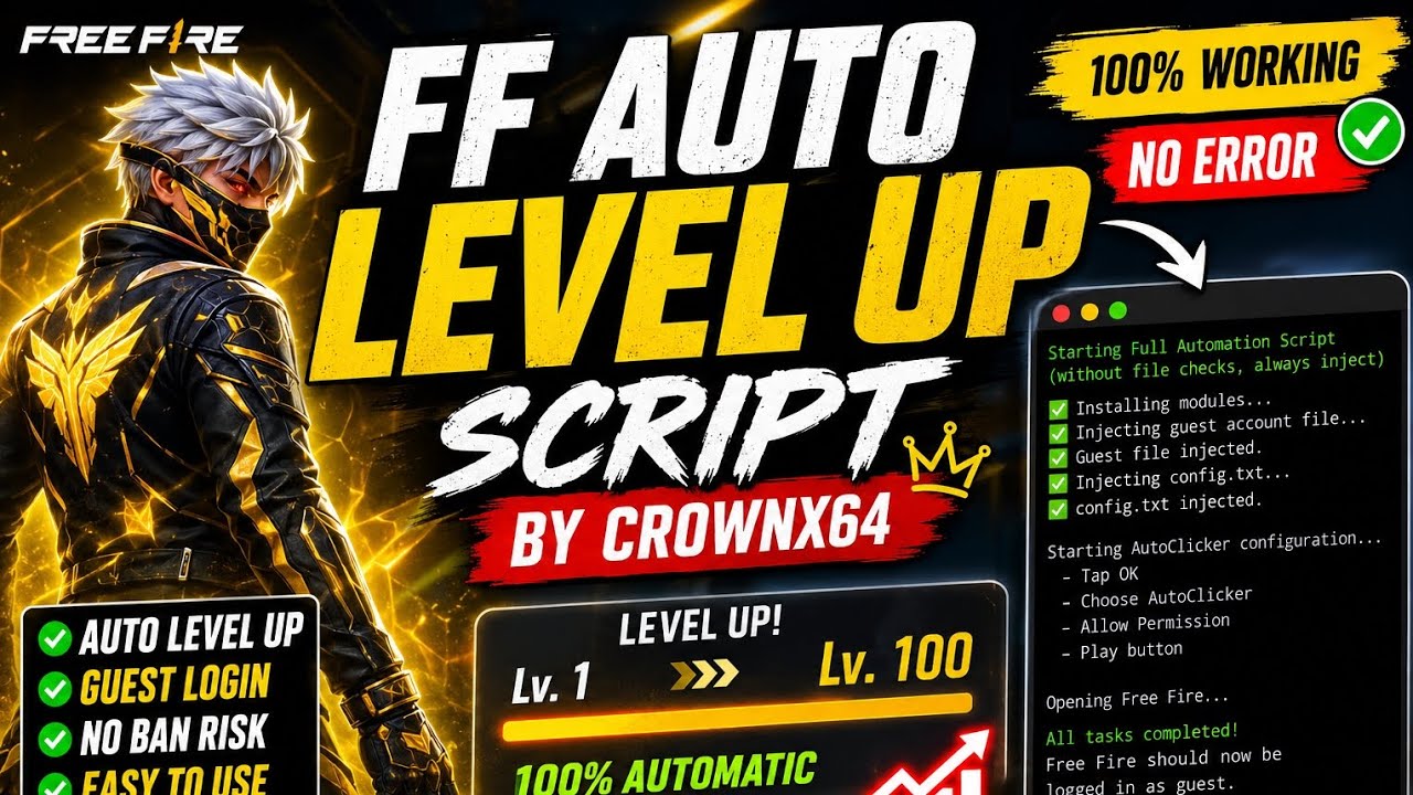 🔥 Free Fire Auto Level Up Python Script by CrownX64 🚀 | No Root Needed 😱