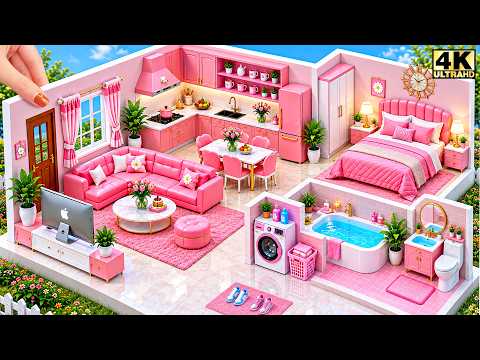 💗 I Made a Tiny Pink House from Cardboard! (Open Kitchen & Dream Bedroom) ❤️| DIY Miniature House