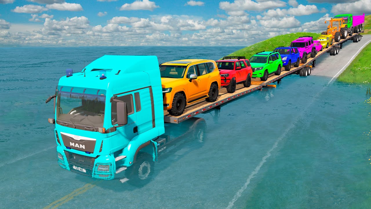 Triple Flatbed Trailer McQueen Transportation with Truck - Speedbumps vs Cars vs Train - BeamNG #217