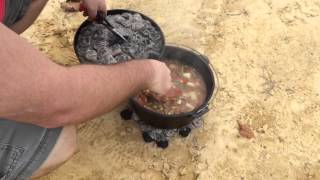 Deer stew in a dutch oven while camping