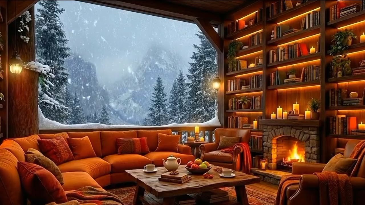 Cozy Winter Jazz Library ❄️ Snowy Reading Room Ambience with Relaxing Fireplace & Soft Night Jazz