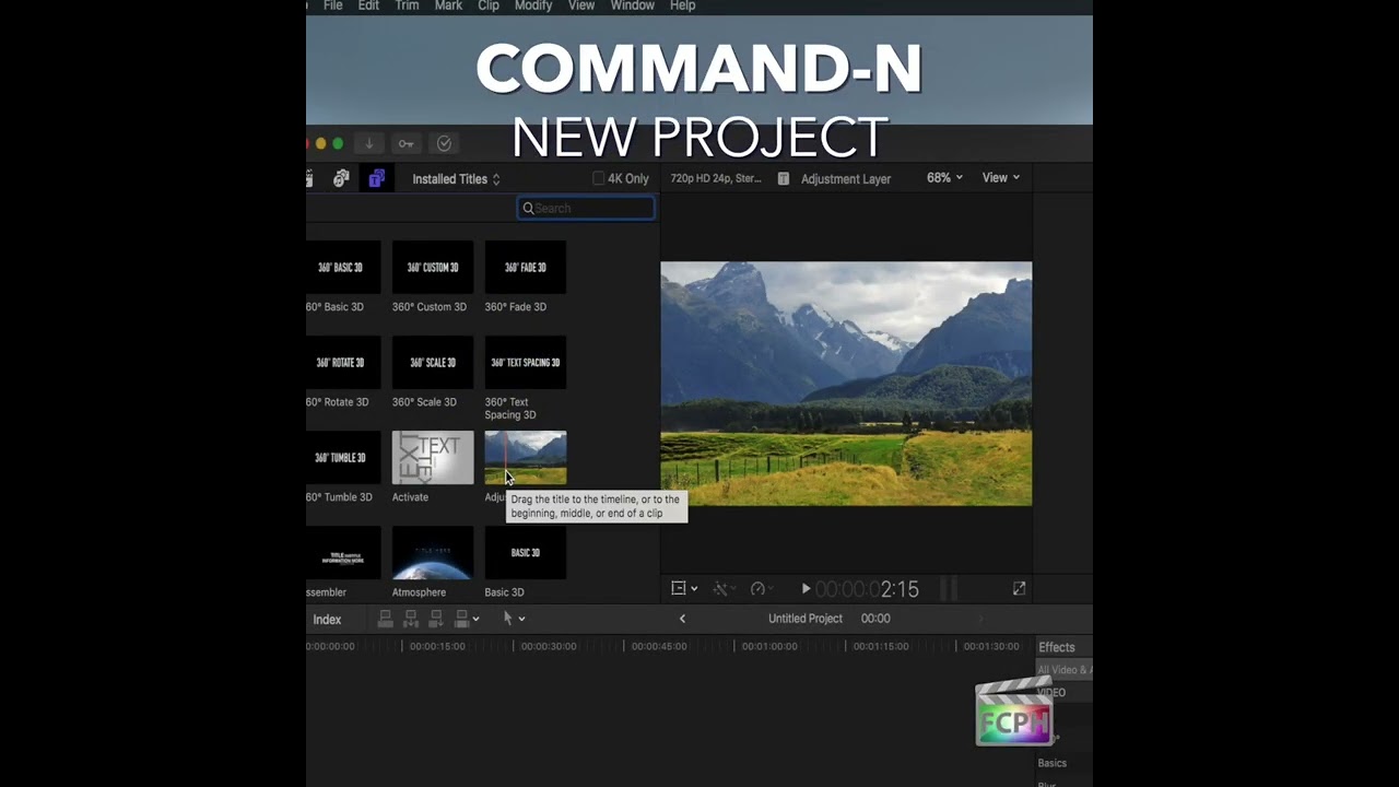 Final Cut Pro Shortcut | Command-N | New Project