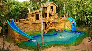 229 Day Build Luxury Bamboo Tree House With Twins Water Slide into Swimming Pool