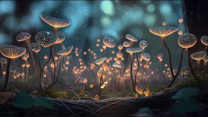 Forest Illumination: Middle of a Mesmerizing Mushroom and Firefly Wallpaper