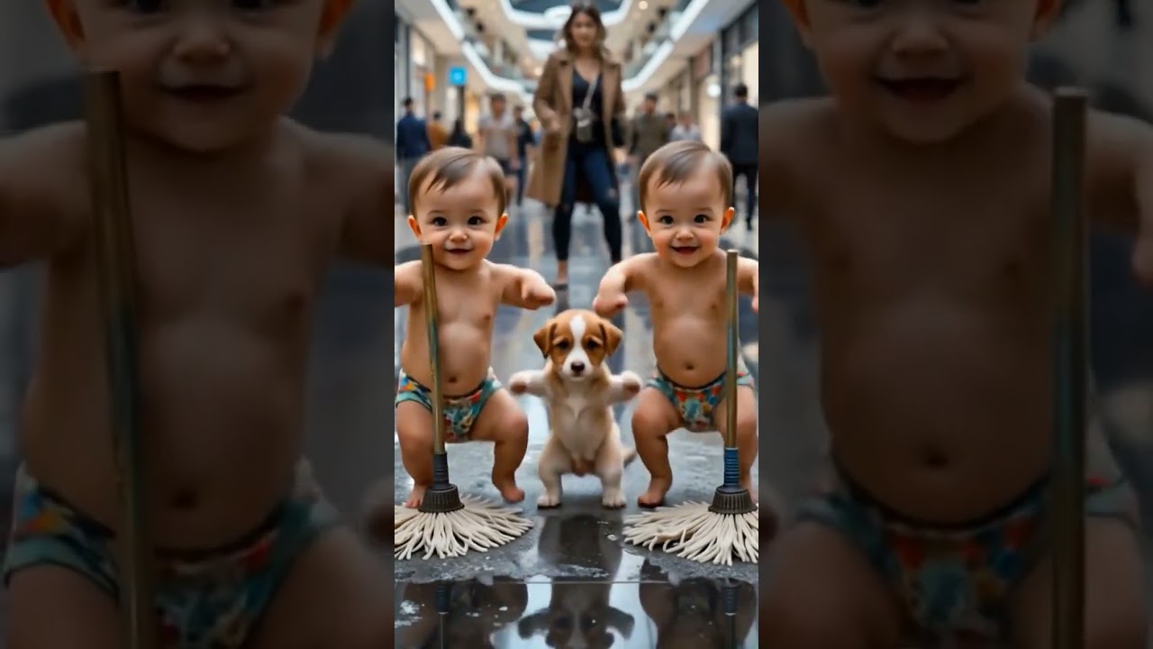 👶🐶 Double Trouble at the Mall! | Twin Babies & Puppy Mopping Adventure 🧼😂