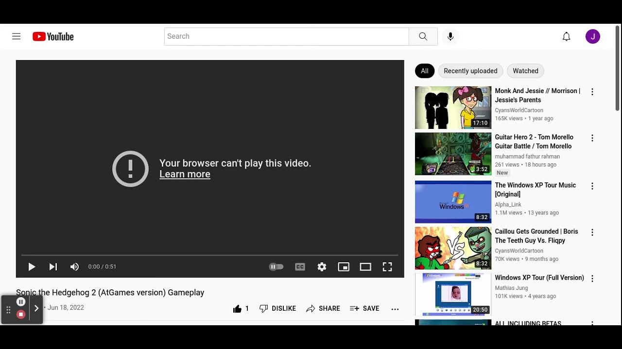Browser can't play video on YouTube YouTube