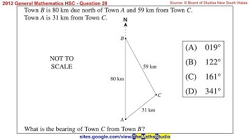 2012 General Maths HSC Q20 Find true bearing of town C from town B given diagram using cosine rule