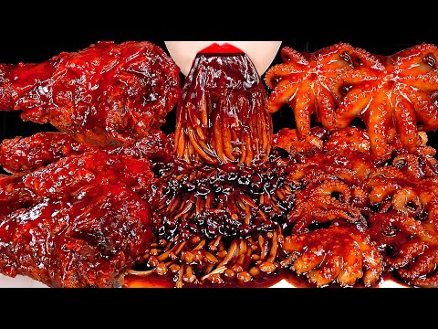 ASMR BLACK BEAN ENOKI MUSHROOMS OCTOPUS SPICY CHICKEN 짜장불닭팽이버섯 쭈꾸미 양념치킨 먹방 MUKBANG えのき | ZOEY ASMR