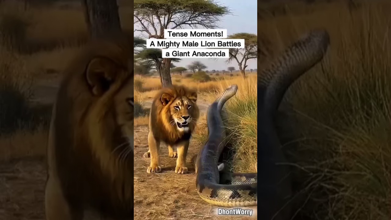 Tense Moments ! A Mighty Male Lion Battlesa Giant Anaconda.
