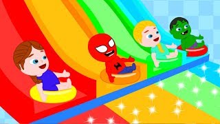superhero babies have fun at the water slides ❤ spiderman hulk frozen play doh cartoons for kids