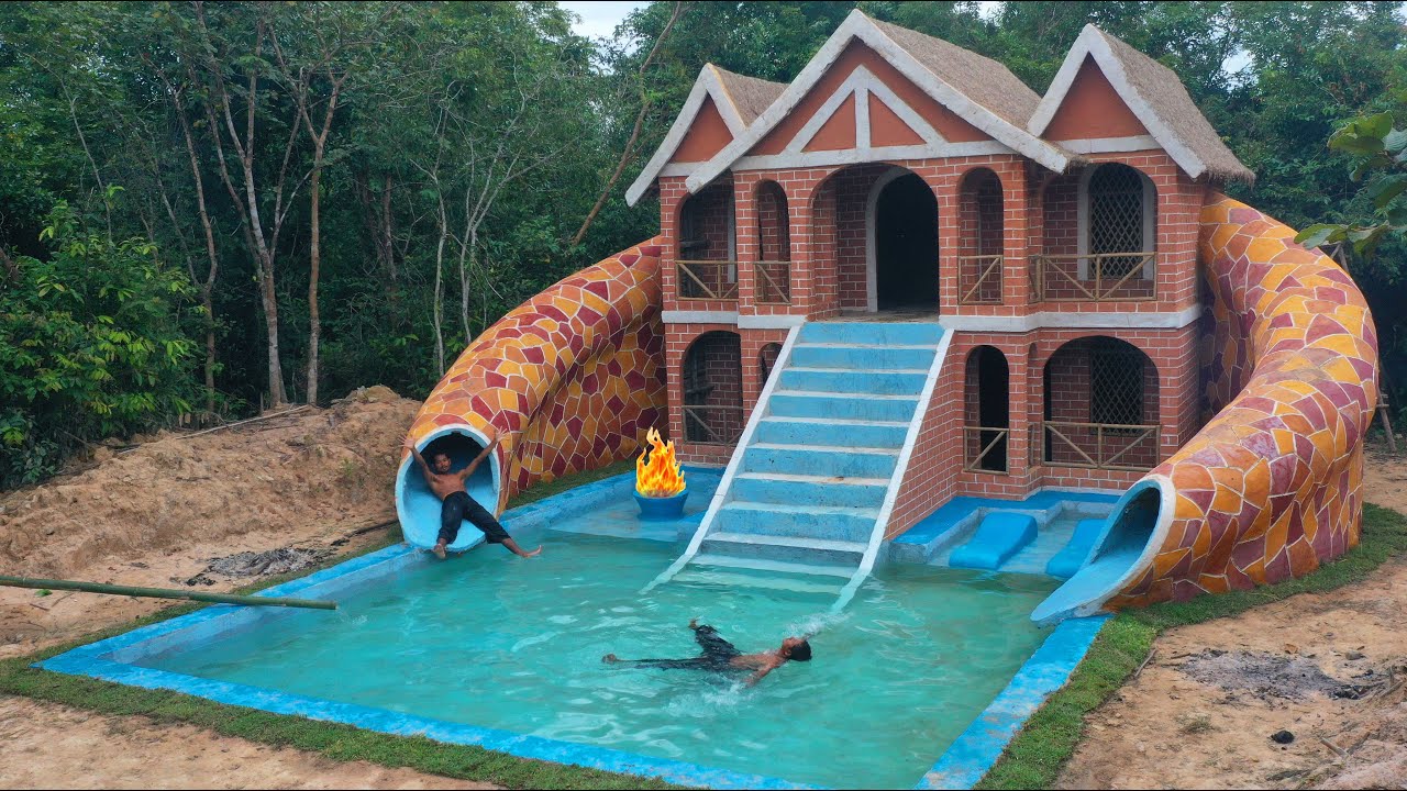 100Days  Building Underground two-story House with water Slide To Swimming Pool