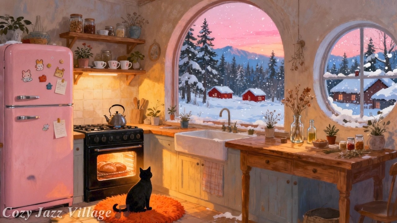 1940s Winter Kitchen with Soft Jazz Oldies Playing from Another Room