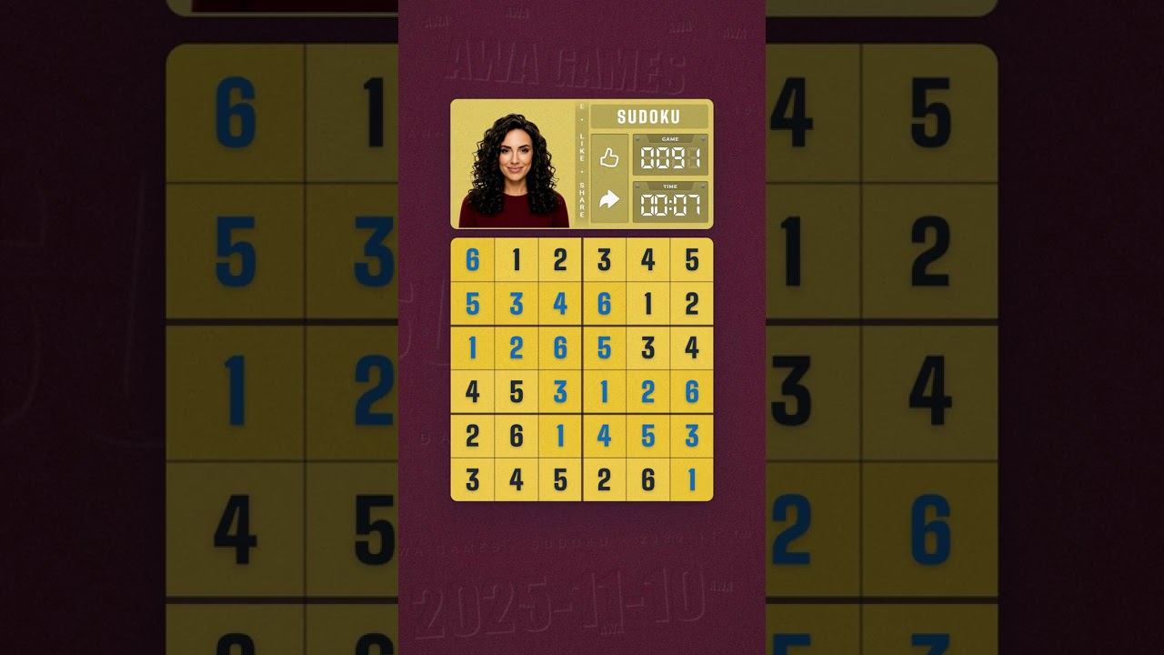 LinkedIn Mini Sudoku #91 solved board for November 10, 2025, 6x6 grid