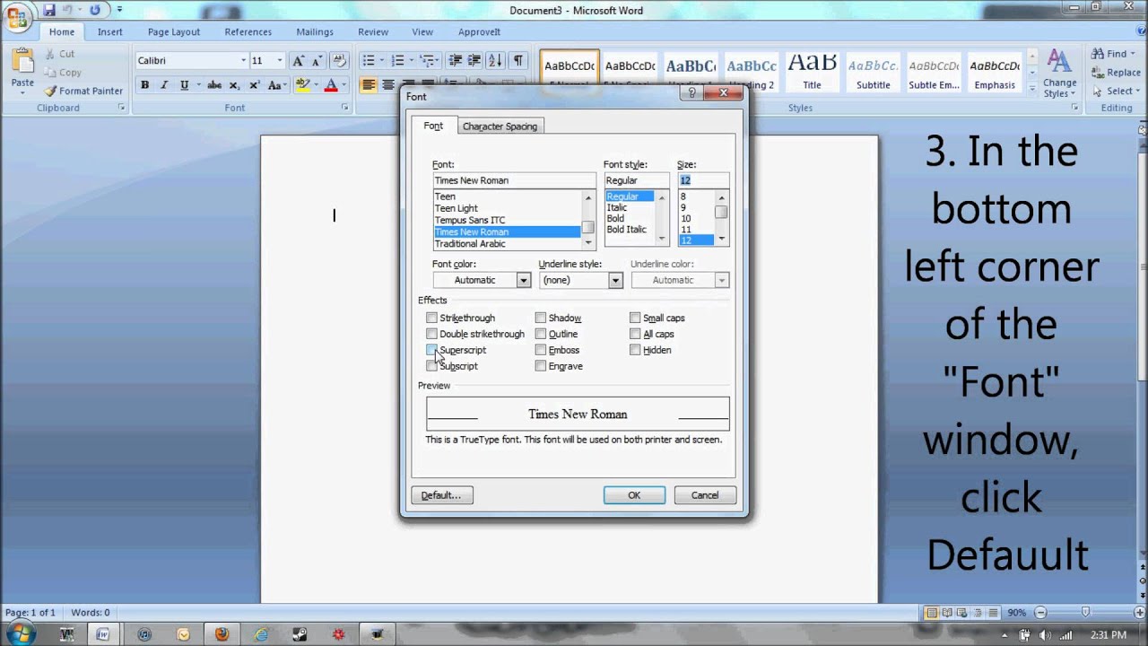 How To Change The Default Font In Microsoft Word From Calibri 11 To Times New Roman Size 12 Youtube