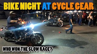 CYCLE GEAR Monthly Bike Night, Slow Races, Lots of MOTORCYCLES
