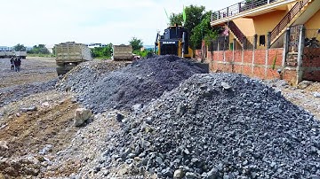 Unbelievable SHANTUI Dozer Power Stone Landfill Operation with Dump Trucks Filling the Big Lake
