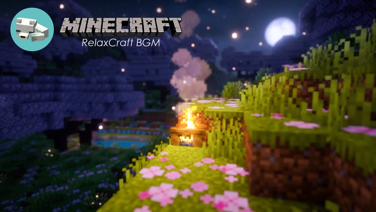 Moonlit Cherry Grove 🌸🌙Firelight, Blue Pond & Relaxing Minecraft Music | 3 Hours