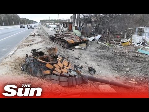 Ukrainian town of Brovary near Kyiv littered with destroyed Russian tanks