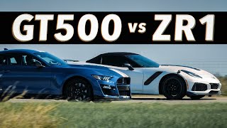 Mustang GT500 vs Corvette ZR1 \/\/ Street Race Comparison!