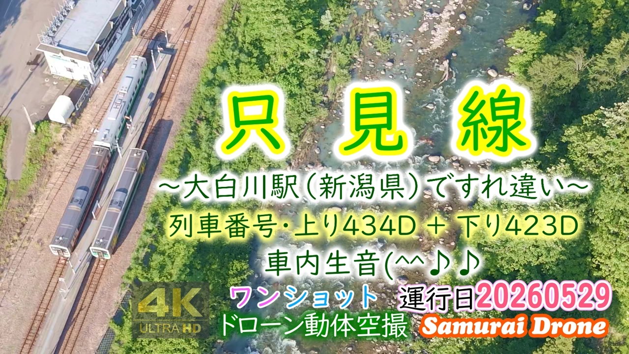 只見線 大白川駅（新潟県）すれ違い 上り列車番号434D・下り列車