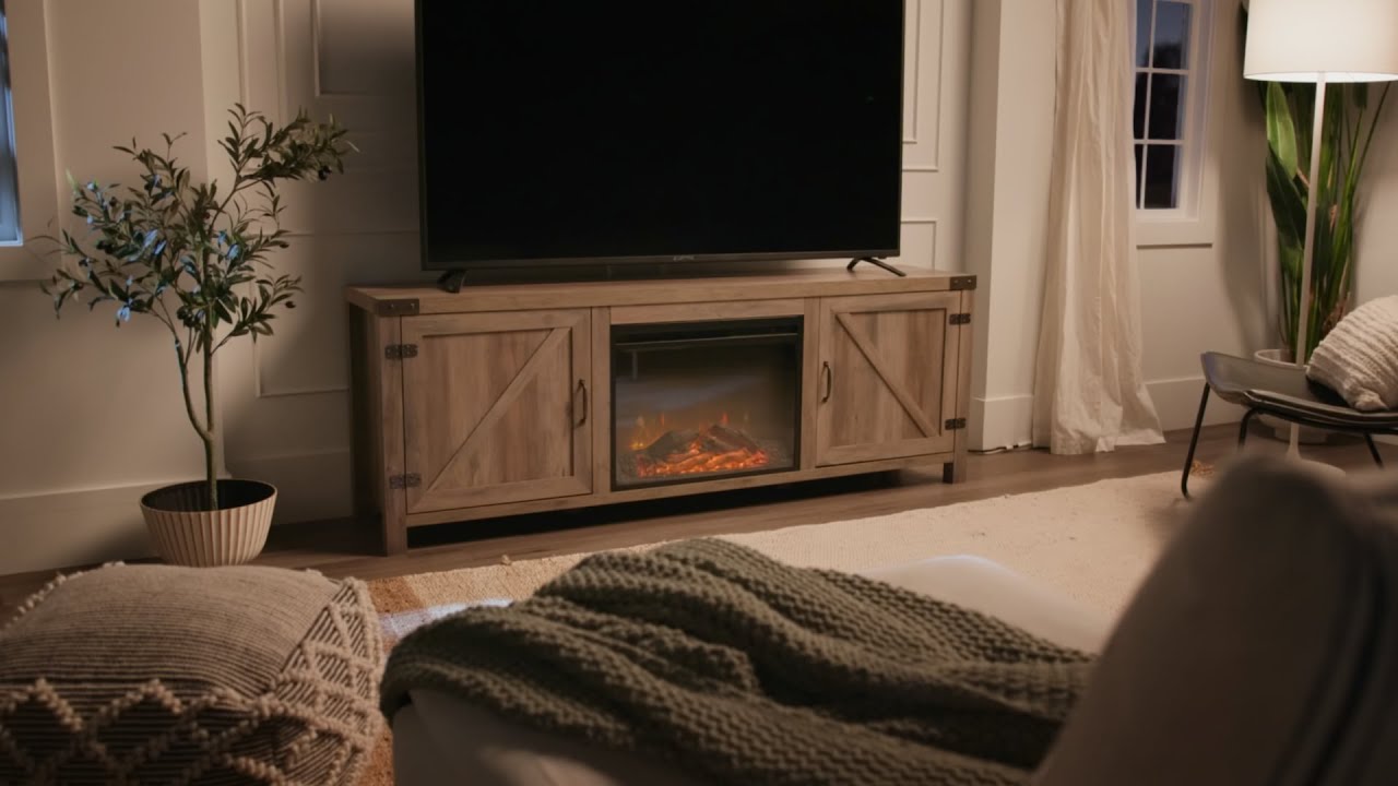 Farmhouse Barn Door Fireplace TV Stand for TVs up to 80” Grey Wash