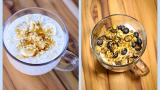 Recipe 1 ••••••••••• 1.5 cup milk oats pinch of
salt banana almond honey 2 cups water yogurt blue...