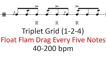 Float flam drag every 5 notes (1-2-4 accents) | 40-200 bpm triplet grid sheet music