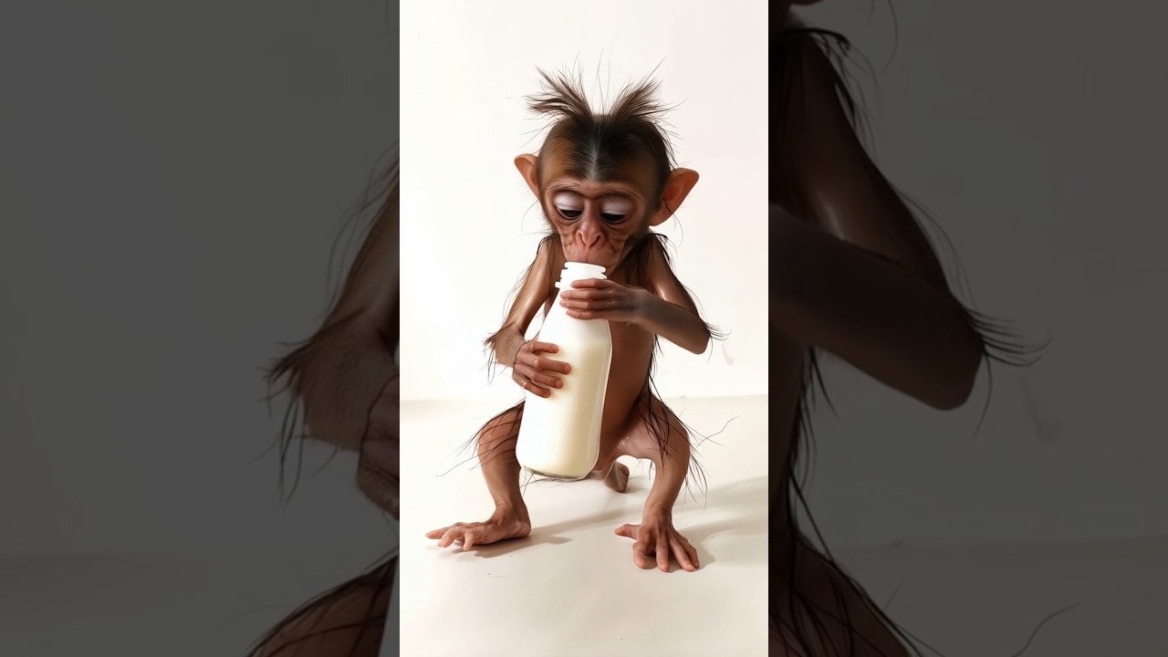 Cute baby monkey drinking the milk 