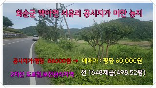 싼토지 / 공시지가 이하 ,2차선도로접 / 화순군 백아면 서유리 전1648제곱(498.52평) 매매가 2천900만원