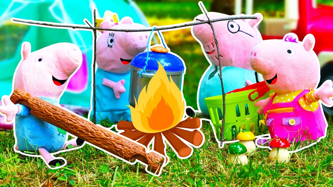 Campeggio con la famiglia Pig. Giochi per bambini. Video con i giocattoli  di Peppa Pig 