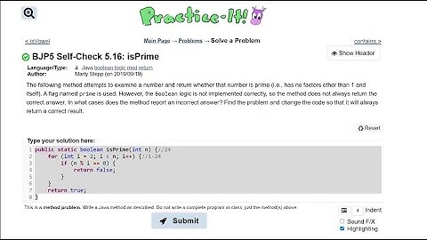 Java Practice It || 5.16 isPrime ||  method with int parameter & boolean return, for loop, debugging