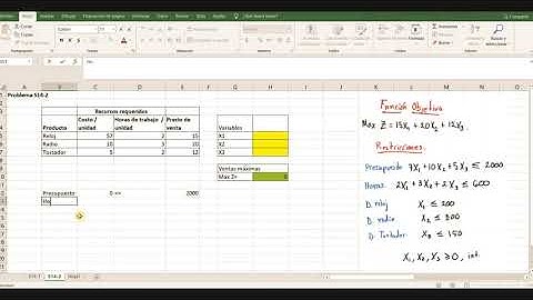 Solución en Excel Solver. PL con 3 variables. Problema 2 (2/2)