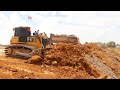 Great Action Shantui Bulldozer Heavy Working to Push Dirt and So Awesome Dump Truck Unloading Dirt