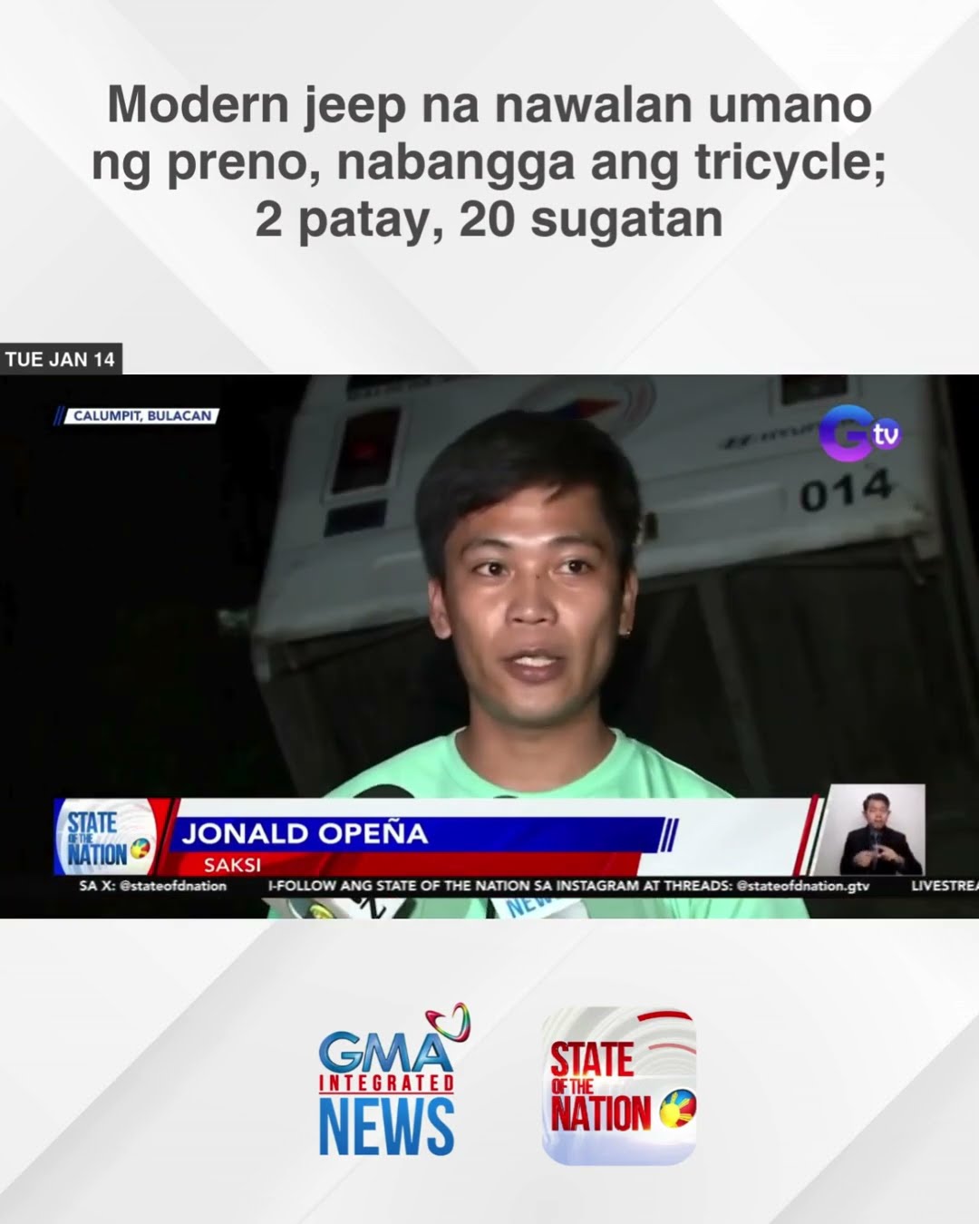 Modern jeep na nawalan umano ng preno, nabangga ang tricycle; 2 patay, 20 sugatan | SONA