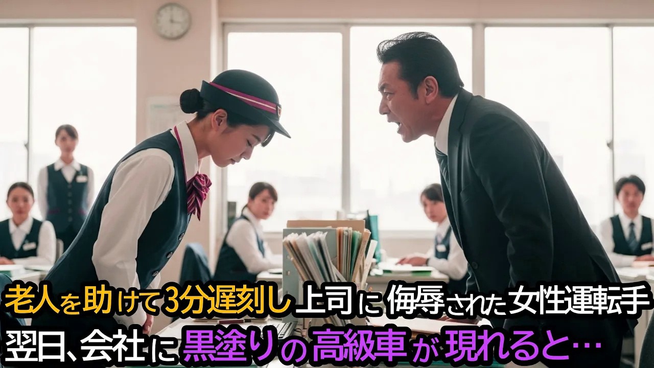 老人を助けて3分遅刻し侮辱された女性運転手。翌日、会社に黒塗りの高級車が現れると…