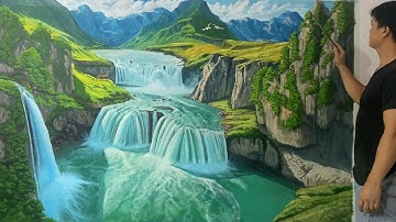 Vẽ tranh phong cảnh/ thác nước/núi đồi Painting beautiful mountain forest waterfall landscape
