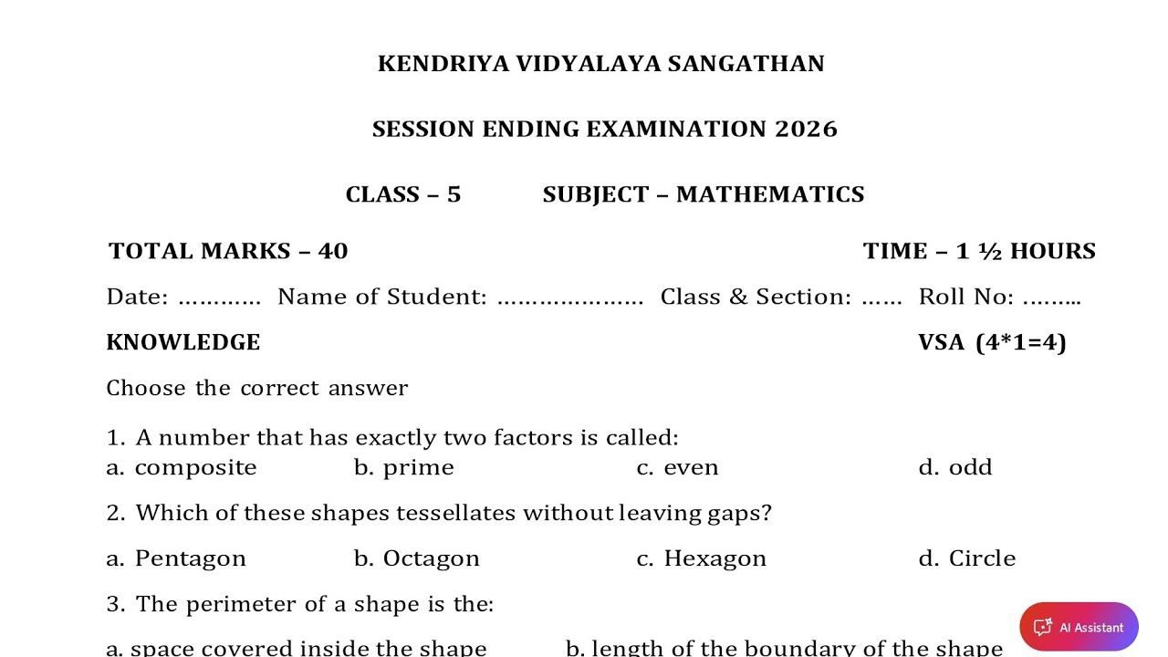 Class-5 Maths (Set-4) / Annual Exam 2026 Question Paper Session Ending PM SHRI K V Term2 SEE 2026