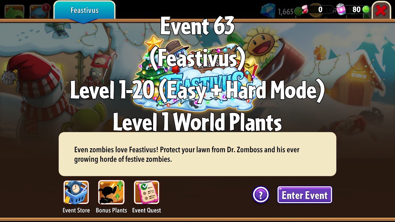 PvZ2 Thymed Event (Feastivus)(Event 63), Level 1-20 (Easy + Hard Mode), Level 1 Plants