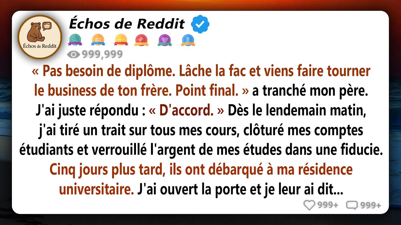J’étais en train d’étudier quand mon père a jeté sa casquette sur mon ordinateur : « Abandonne l’école et va plier des t-shirts pour ton frère. La famille passe avant tout. » J’ai dit « d’accord...