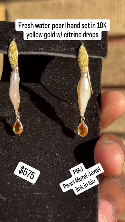18K gold leaf freshwater pearl and citrine drop earrings. #jewelry #pearlearrings #pearljewellery