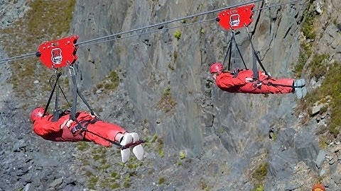 Fastest Zip line in the world (Velocity 2) over Penrhyn Quarry. Wales. UK.