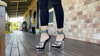 Catie Is At her Farm Ranch Tries Out her Pleaser Eclipse 6.5 Inch Chrome Metal High Heel Shoes