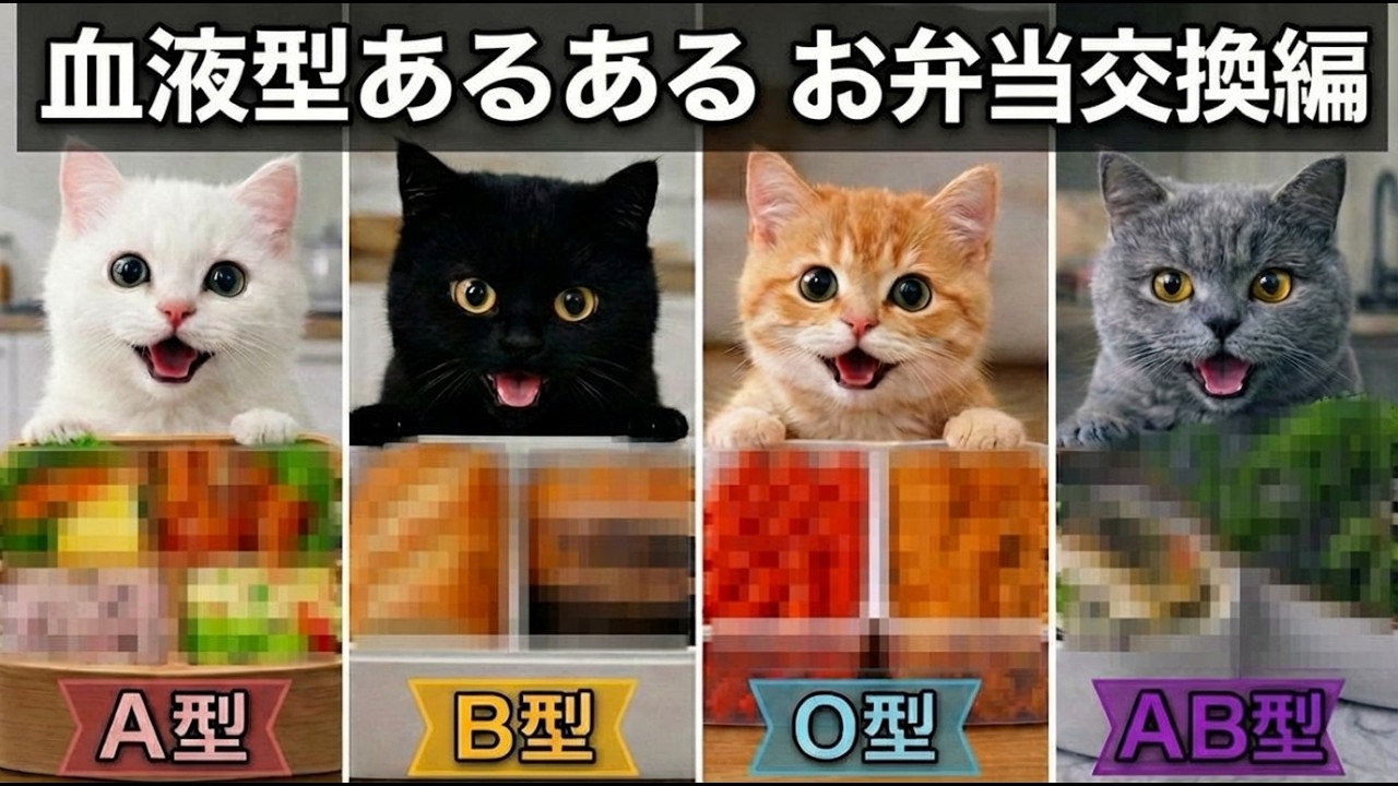 【血液型あるある】性格が違う猫たちの個性が詰まったお弁当交換
