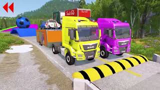 Double Flatbed Trailer Truck vs Speedbumps Train vs Cars Beamng.Drive #140 With Reverse