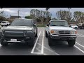 Rivian R1T in Huntington Beach, CA. Side by side lifted Ford Ranger.