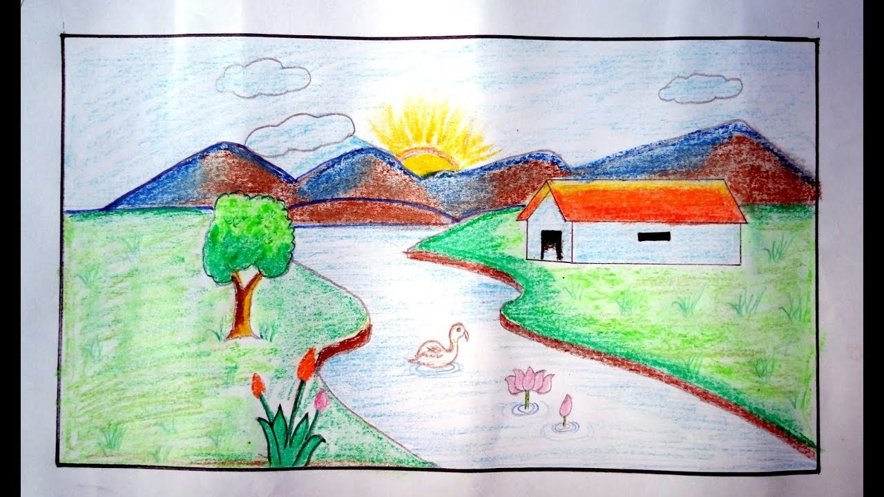 Morning Scenery with oil pastel for kids - YouTube