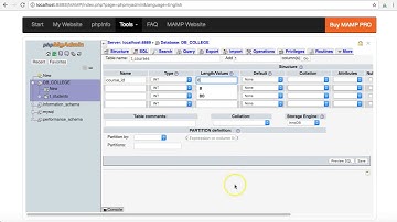 Courses table in a college database MySQL phpmyadmin